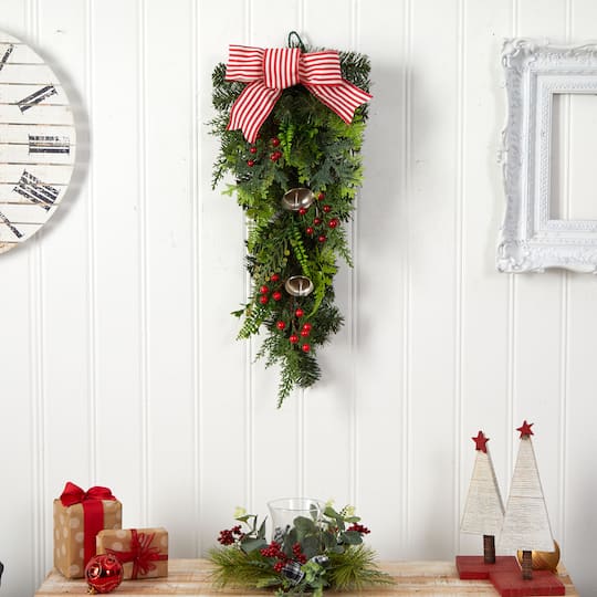 26" Bells & Bow Christmas Teardrop Swag